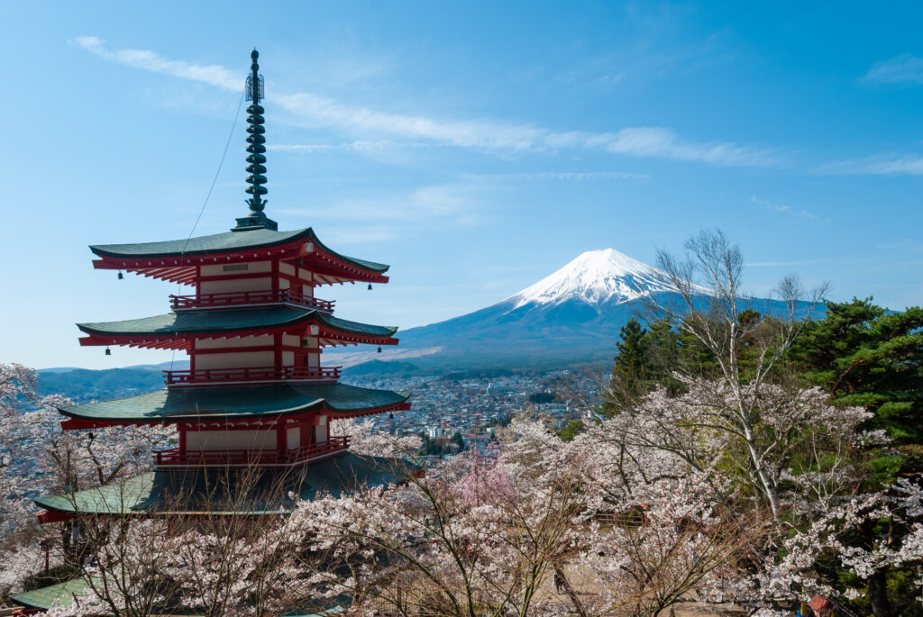 Hora Mount Fuji, sakury, Japonsko