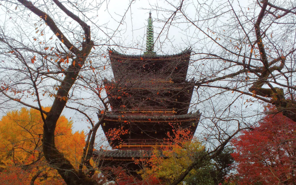 Park Ueno na podzim, pagoda chrámu Ueno Tošogu, Tokio